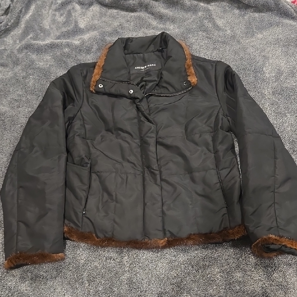 Andrew Marc Black Jacket with Brown Fur Trim size M